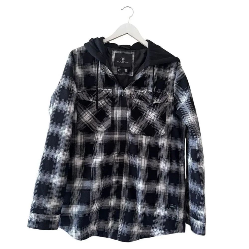 Volcom Hooded Black White Checkered Cotton Blend Ski Snowboard SZ XL # 2518